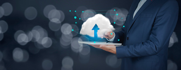 man hand tablet with  upload in screen