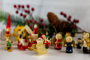 Christmas collection, gifts and decorative ornaments, on a Christmas background. photographic still life.