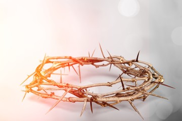 Crown of thorns on a white background in the glare of light