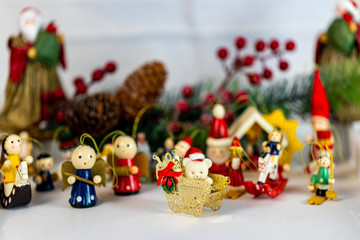 Christmas collection, gifts and decorative ornaments, on a Christmas background. photographic still life.