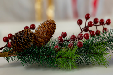 Christmas collection, gifts and decorative ornaments, on a Christmas background. photographic still...