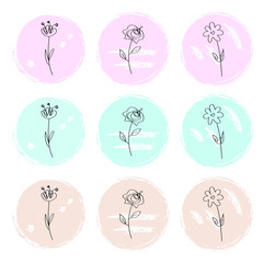 Set of 9 floral circle stickers in modern graphic style with pastel palette. Designed for BuJo (bullet journal), planners, diaries, calendars, card templates, posters, flyers and other paper design