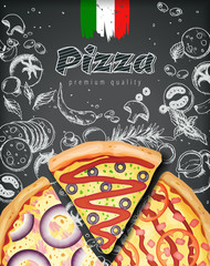 Italian pizza ads or menu with illustration rich toppings dough on engraved style chalk doodle background.