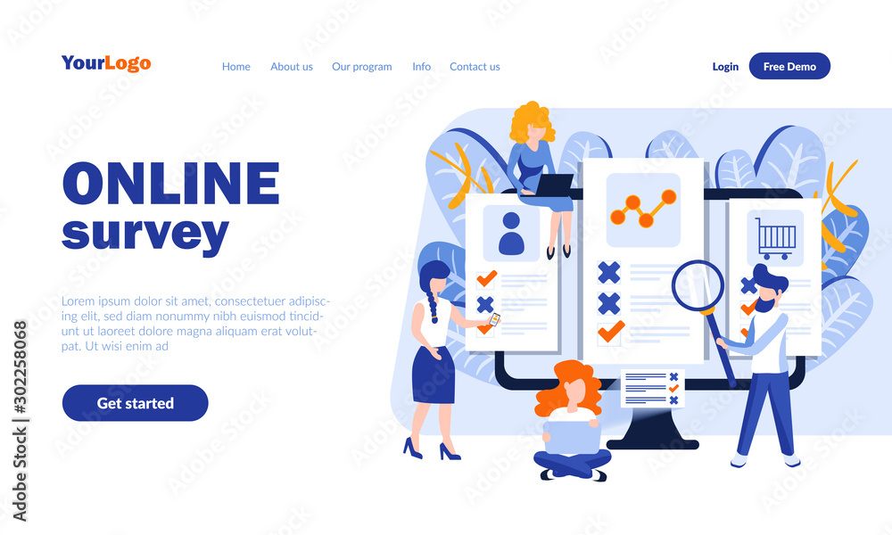 Poster online survey vector landing page template with header. internet questionnaire web banner, homepage 