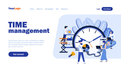 Time management flat landing page template with header. Working hours optimization, productivity web banner, homepage design. Workflow vector illustration. Scheduling, work time planning concept