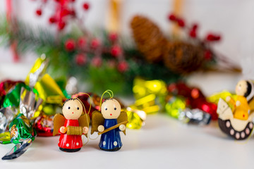 Christmas collection, gifts and decorative ornaments, on a Christmas background. photographic still life.