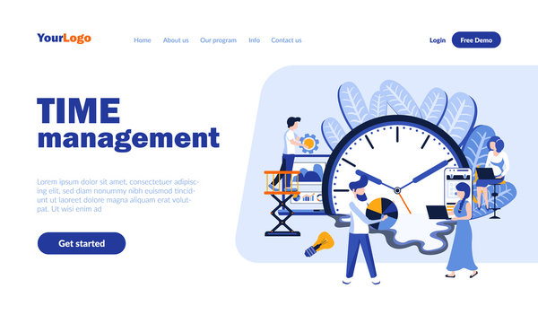 Time management flat landing page template with header. Working hours optimization, productivity web banner, homepage design. Workflow vector illustration. Scheduling, work time planning concept