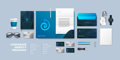 Realistic Business Branding mock-up of folder, blank A4, envelope, notebook, badge and vizit card. Corporate Identity Brand Mockup set on light background. Blue seashell logo.