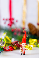 Christmas collection, gifts and decorative ornaments, on a Christmas background. photographic still life.