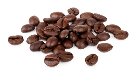 Heap of coffee beans isolated on white background