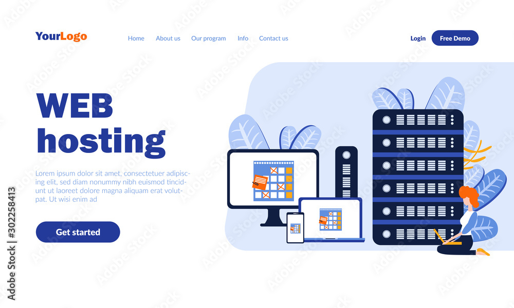Poster web hosting flat landing page template with header. website placing on server, online service web ba