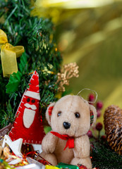 Christmas collection, gifts and decorative ornaments, on a Christmas background. photographic still life.