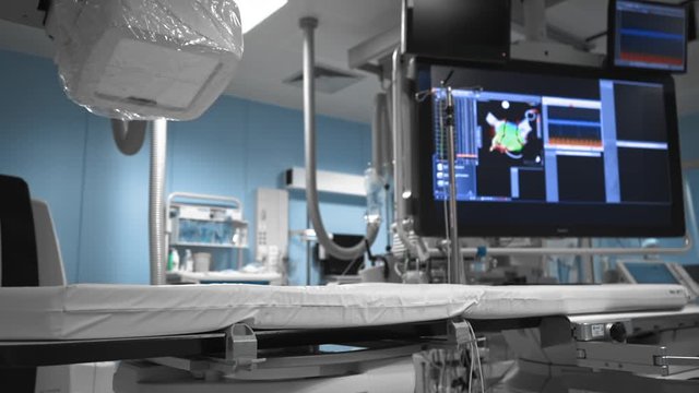 Modern medicine concept, diagnostic operating room, medical scaning robot. 3D image of internal organs on the monitor screen