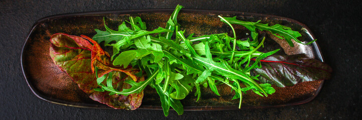 Healthy salad, leaves mix (mix micro greens, arugula, onion, other ingredients). food background. copy space