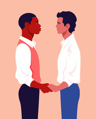 Young men hold hands and look at each other. Profile of a homosexual couple. Date. Vector flat illustration