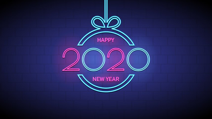 Happy new year 2020 in neon light bauble christmas ball on red and blue color background