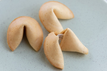 Chinese fortune open cookies with golden and brown color and white background
