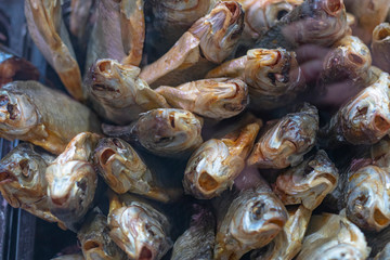small shop. there are a lot of dried fish on the counter. bream.