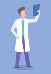 Man wearing white coat working as doctor vector, isolated character making conclusion on xray results. Patients treatment and health care, diagnostics
