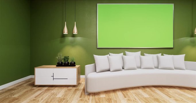 Living Room with whiteboard on wall room color green.3D rednering