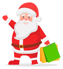 Smiling Santa in red festive costume holding purchases. Winter holiday character standing with colorful packages. Advertisement poster or postcard with Claus and present symbol on white vector