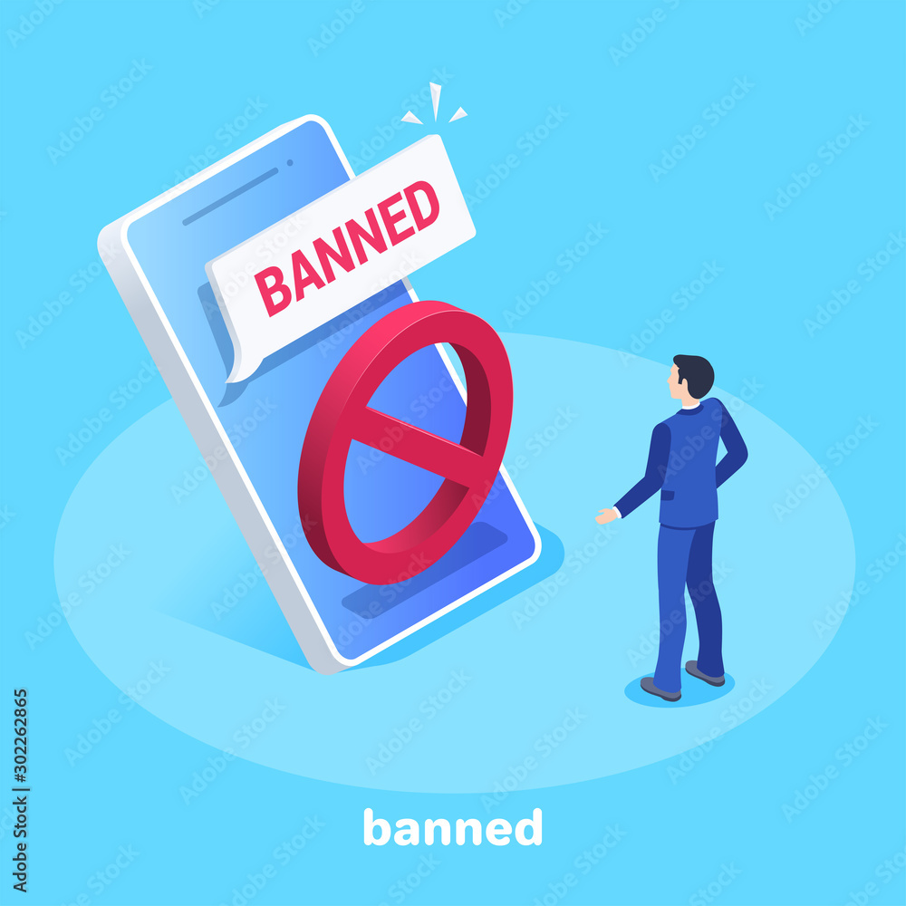 Poster isometric vector image on a blue background, a man in a business suit stands in front of a smartphon