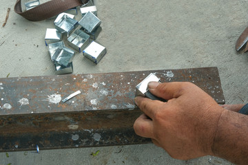 worker man use hand make dice aluminium.