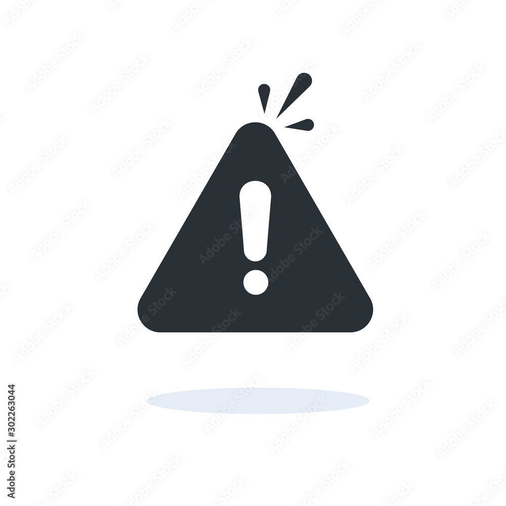 Poster flat vector image on white background, exclamation mark icon in a black triangle with shadow