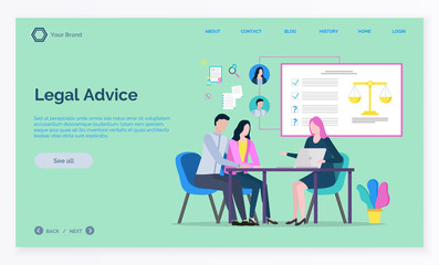 Lawyer working with laptop, advisor and clients discussing, legal advice. Consultation online, legislation service, woman attorney, court vector. App slider template, landing page, link flat style