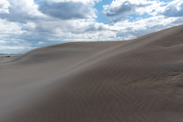 Fototapeta na wymiar Sand forming dunes in the middle of the desert with a sky with clouds. Brown, blue and gray colors