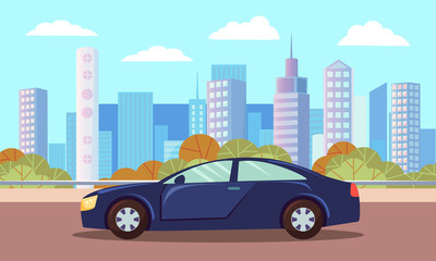 Dark blue small car, vehicle on city background. Sedan or hatchback stand on asphalted road or highway. Beautiful landscape of town with skyscrapers. Vector cartoon illustration in flat style