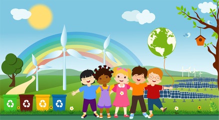 Obraz na płótnie Canvas Multi-ethnic children of different cultures who embrace for a global eco-friendly world. Oneness for clean and sustainable energy. Together to save the planet. Ecological world. Ecology and environmen