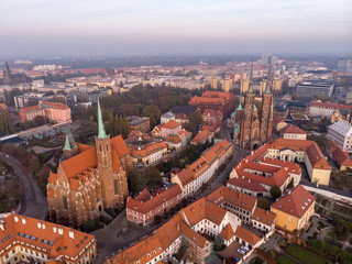 The aerial view of Wroclaw: Ostrow Tumski, Odra river, Cathedral of St. John the Baptist and Collegiate Church of the Holy Cross and St. Bartholomew