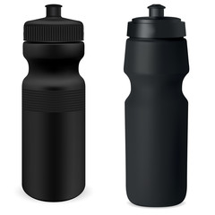 Water flask set. Black sport bottle mockup. Protein can blank illustration. Nutrition powder canister 3d template. Cycling recycle vessel. Retail package promotion. Gym container