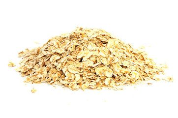 Oatmeal flakes isolated on white background. Dry rolled oats isolated on white background. A pile of oatmeal, front view. Packaging design for oatmeal products. Healthy eating.