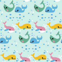 Colorful wales and water bubbles in a seamless pattern design