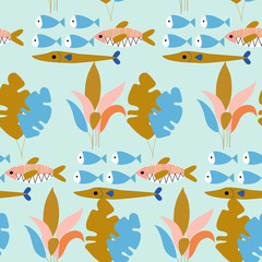 Colorful fish and underwater plants in a seaamless pattern design