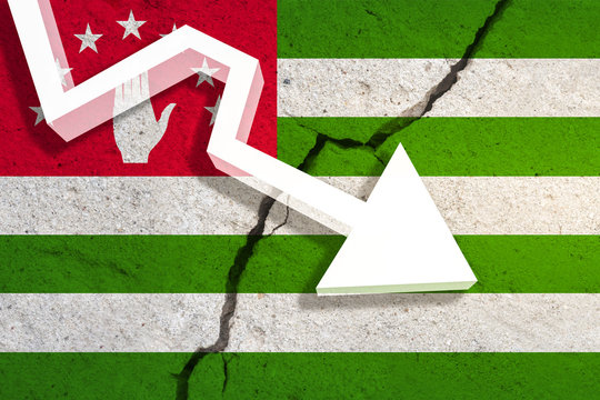 Abkhazia Flag on the cracked wall with arrow falling down. Concept of decrease in the country. 3D Illustration