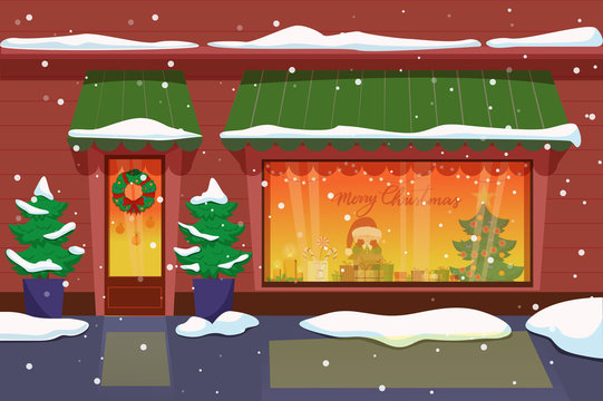 Vector Flat Cartoon Style Christmas Shop With Decorated Door And Illuminated Shop-window. Cozy Christmas Scene. 