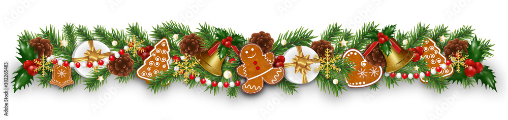 Wall mural Christmas border decorations garland with fir branches, gingerbread cookies, golden bells, holly berries and cones. Design element for Xmas or New Year on white background. Vector