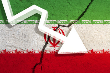 Iran Flag on the cracked wall with arrow falling down. Concept of decrease in the country. 3D Illustration