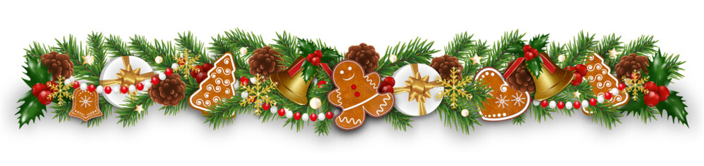 Christmas border decorations garland with fir branches, gingerbread cookies, golden bells, holly berries and cones. Design element for Xmas or New Year on white background. Vector