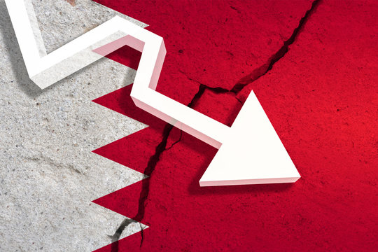 Bahrain Flag on the cracked wall with arrow falling down. Concept of decrease in the country. 3D Illustration