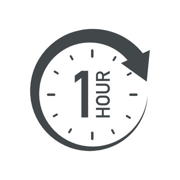 One hour round icon with arrow. Black and white vector symbol.