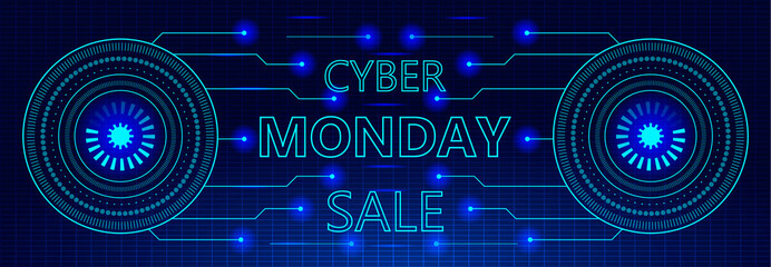 Cyber Monday sale concept on cyberspace with grid. Tiny particles are flowing from sparkles, leaving trails.