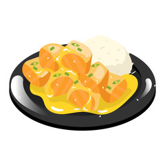 Chinese meat dish with rice color icon. Curry chicken on black plate. Eastern traditional cuisine. Meat chops with sweet and sour sauce. Square shaped salmon. Isolated vector illustration