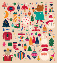 Christmas decorative collection with incredible characters in vintage style	