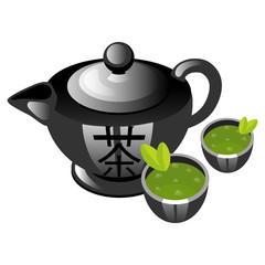 Chinese tea ceremony color icon. Teapot with cups. Asian green tea. Hot drink in porcelain teaware. Teahouse atmosphere. Chinese traditions and culture. Isolated vector illustration