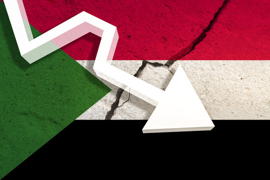Sudan Flag on the cracked wall with arrow falling down. Concept of decrease in the country. 3D Illustration