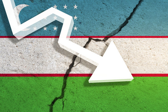 Uzbekistan Flag on the cracked wall with arrow falling down. Concept of decrease in the country. 3D Illustration